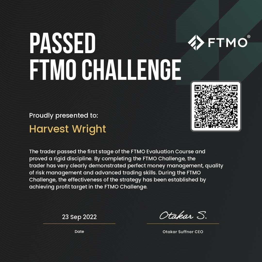Passed FTMO Challenge Certificate