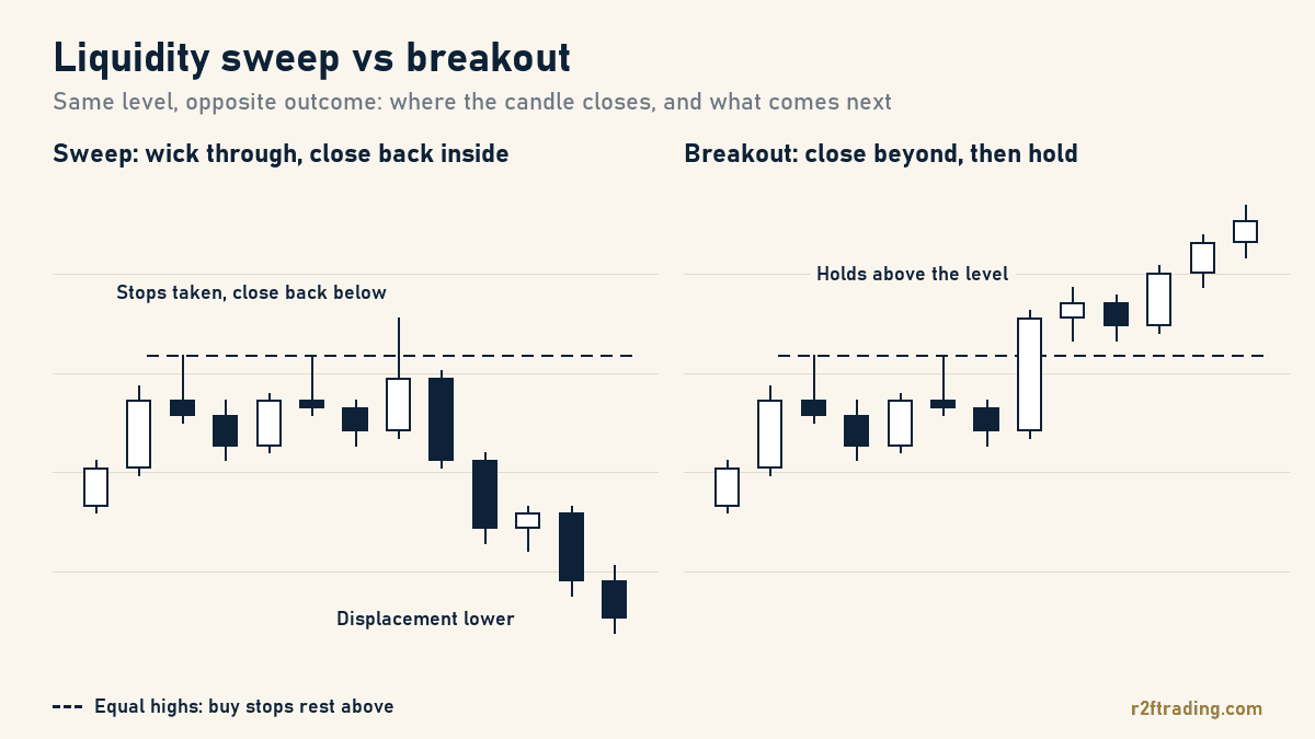 Side by side diagram: price wicks above equal highs and closes back below in a sweep, versus closing above and holding in a breakout