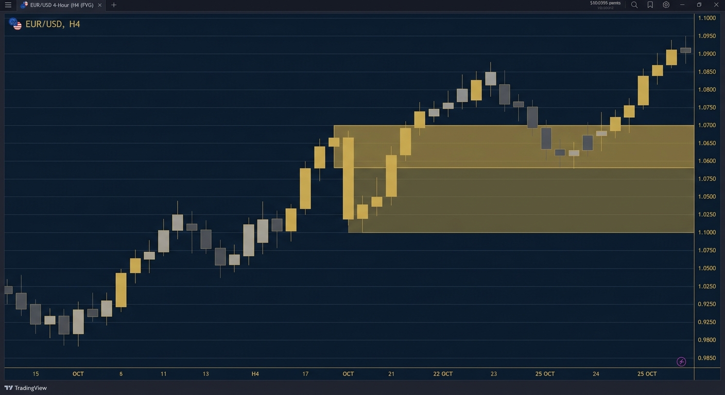 ICT fair value gap identification on EURUSD 4-hour chart showing three-candle imbalance pattern with clear gap zones marked