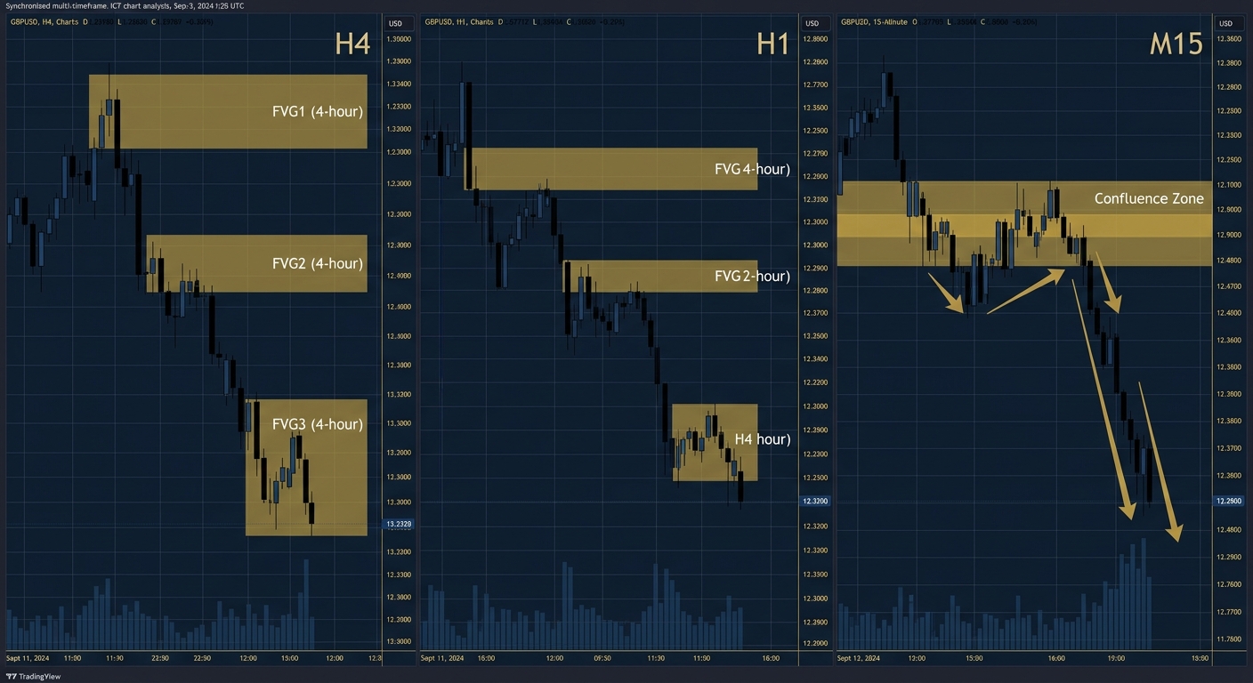 Multi-timeframe ICT fair value gap analysis showing aligned FVG patterns on 4-hour 1-hour and 15-minute GBPUSD charts