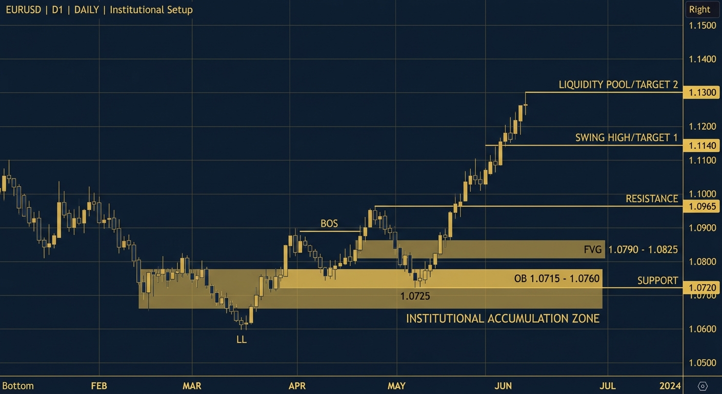 ICT order block and fair value gap setup on EURUSD daily chart showing institutional accumulation zone