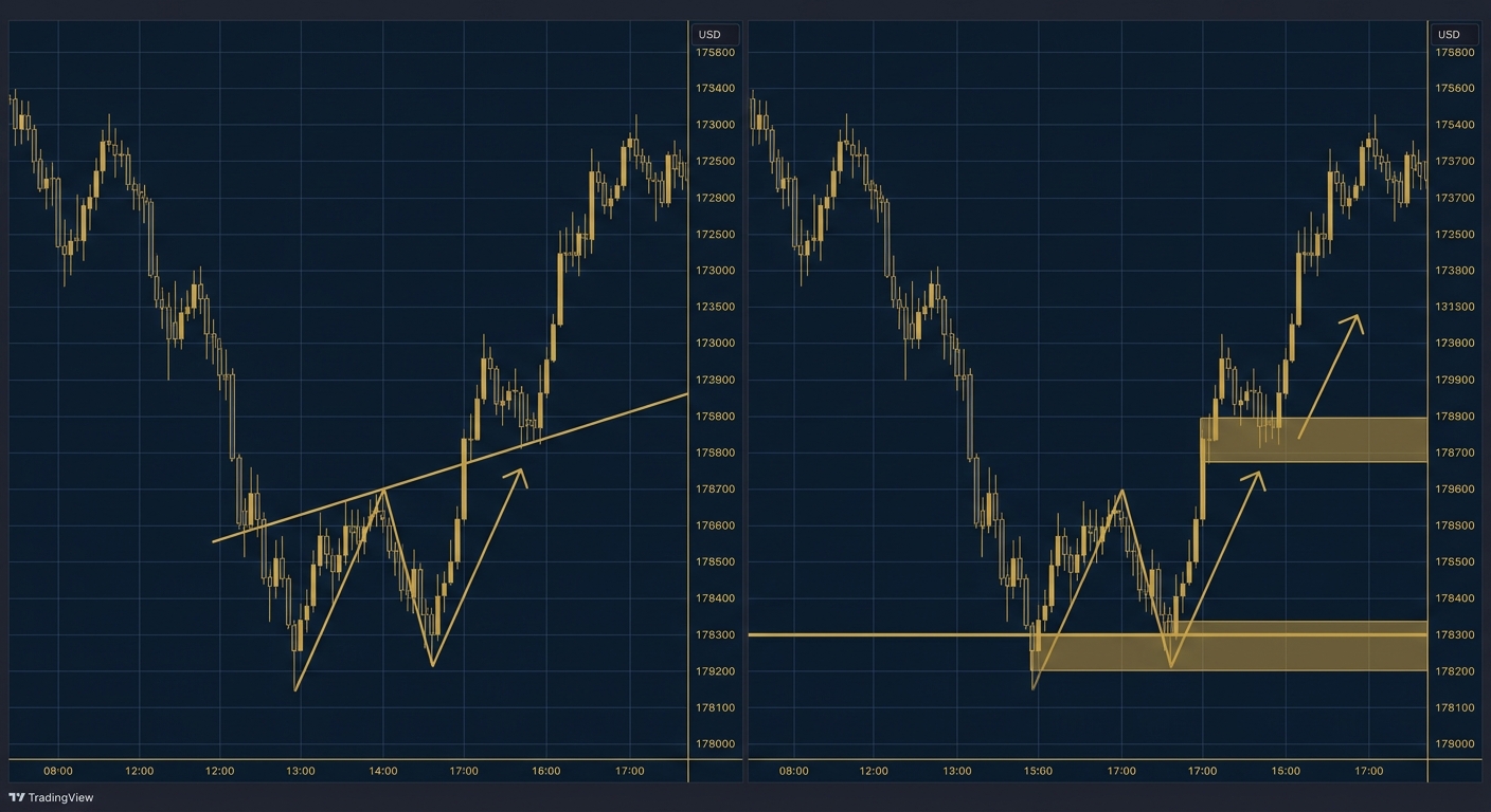 Comparison chart showing price action reversal pattern versus ICT liquidity sweep and order block setup on same timeframe