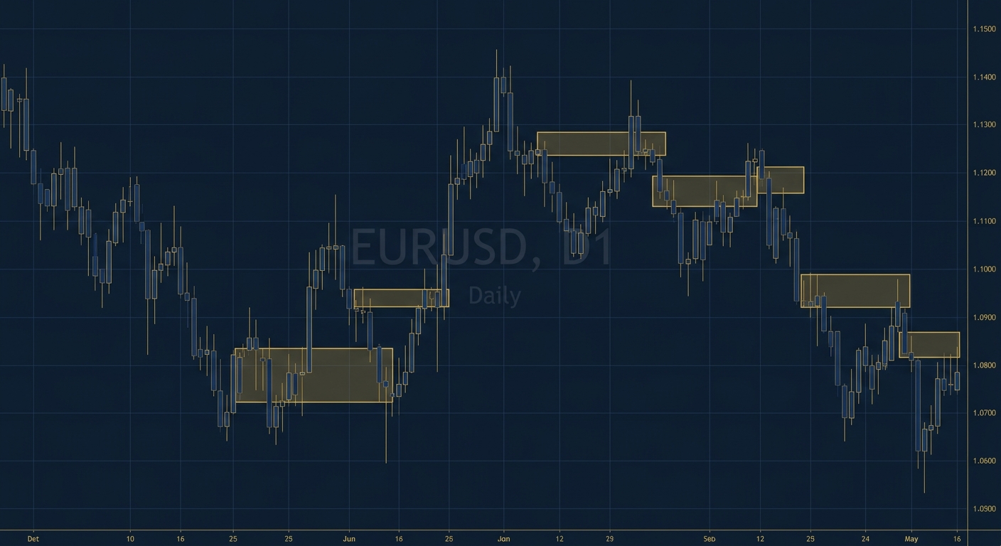 ICT order block failure on EURUSD daily chart showing multiple false breakouts during high volatility period